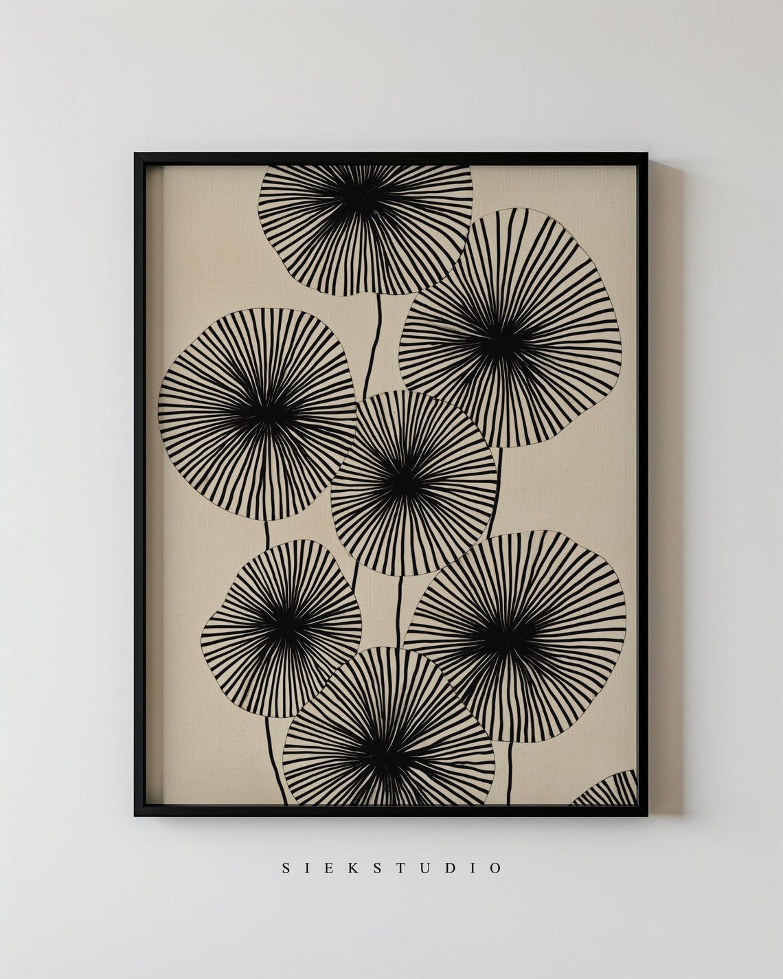 Radial Line Dandelion Flowers Black Cream Botanical Abstract Poster