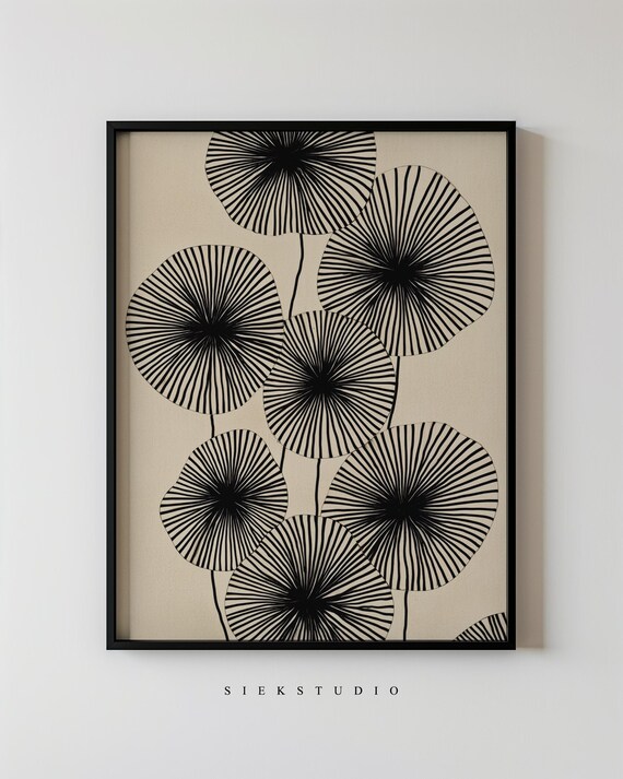 Radial Line Dandelion Flowers Black Cream Botanical Abstract Poster