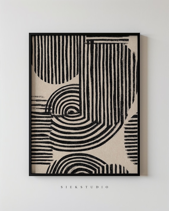 Modern Abstract Thick Line Pattern Drawing Art Minimalist Black Stripe Contemporary Neutral Living Room 147