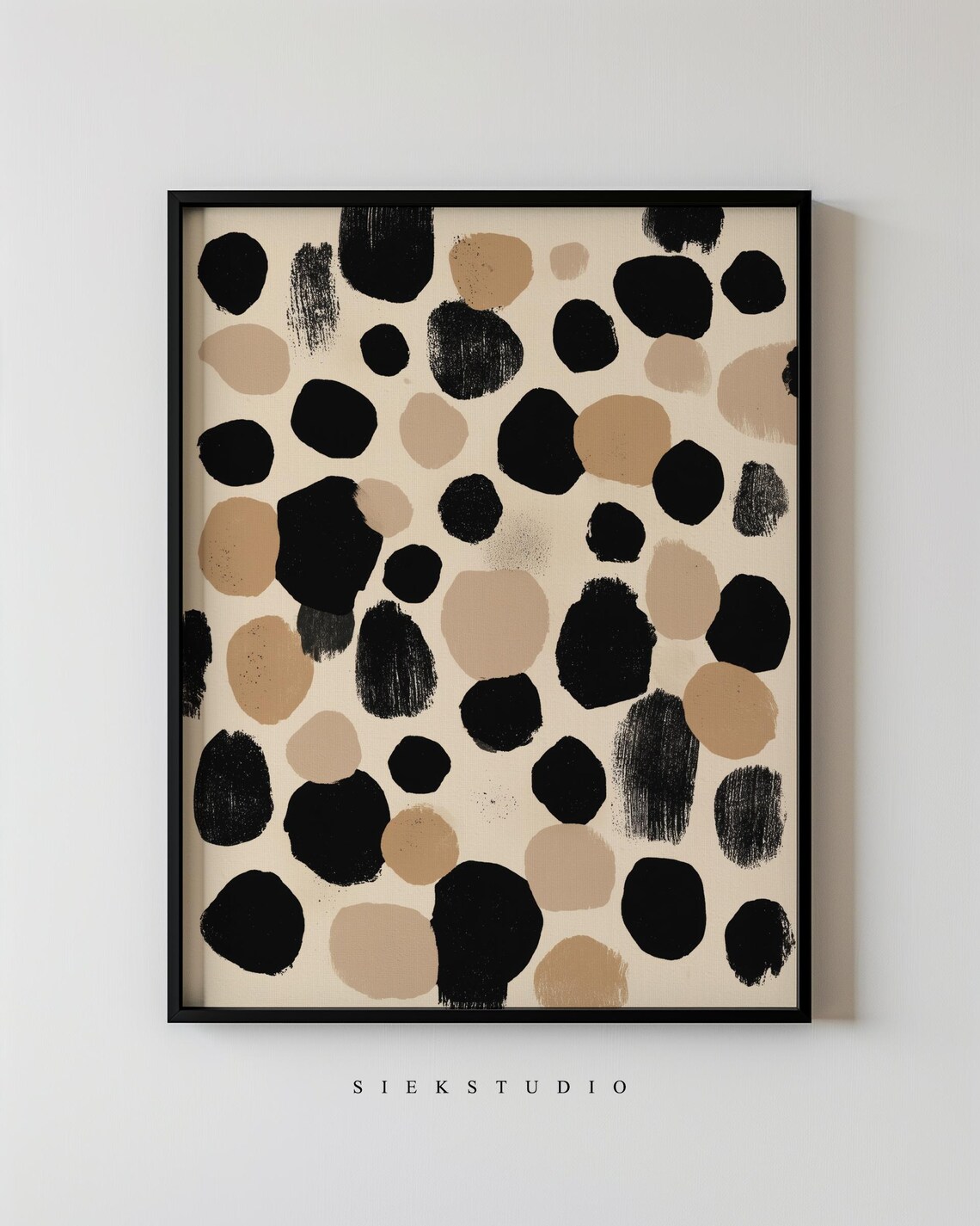 Abstract Circle Pattern Art Modern Minimalist Dot Painting Wall Organic Tan Black Shapes Beige Contemporary Living Room Decor 79