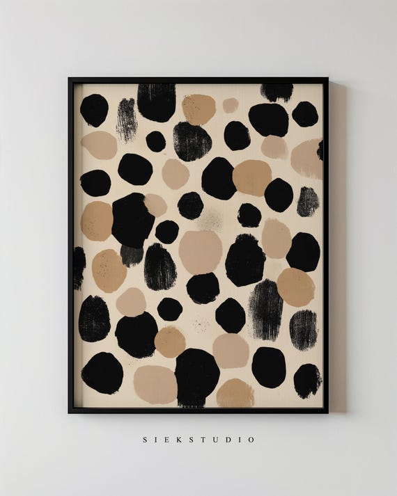 Abstract Circle Pattern Art Modern Minimalist Dot Painting Wall Organic Tan Black Shapes Beige Contemporary Living Room Decor 79