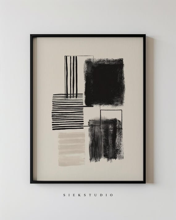 Abstract Minimalist Blocks Line Art Modern Black And White Beige Wall Print Neutral Geometric Contemporary Living Room Decor 128