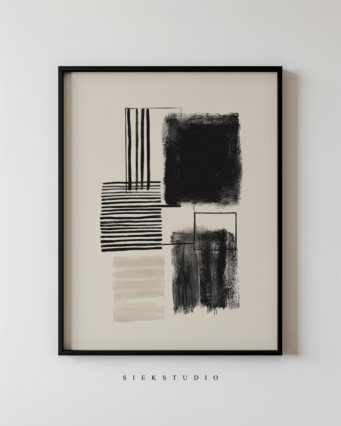 Abstract Geometric Blocks Black Beige Striped Squares Art Poster