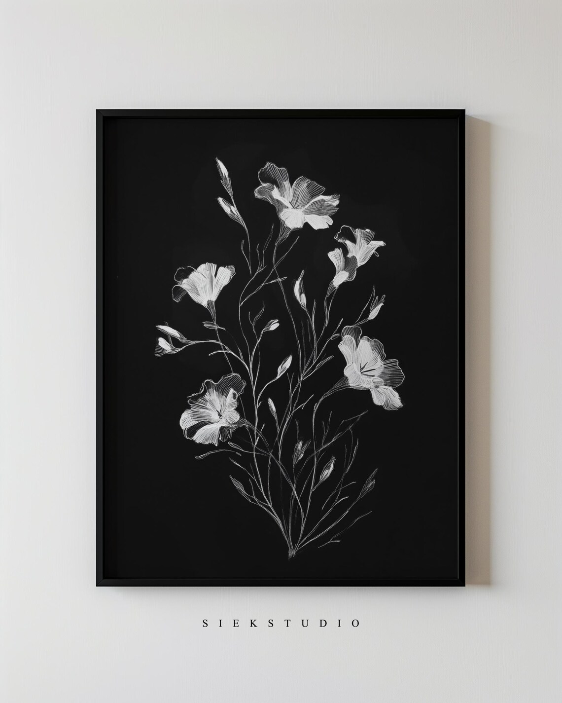 Black And White Floral Flower Line Drawing Minimalist Abstract Botanical Artwork Moody Neutral Contemporary Wall Decor