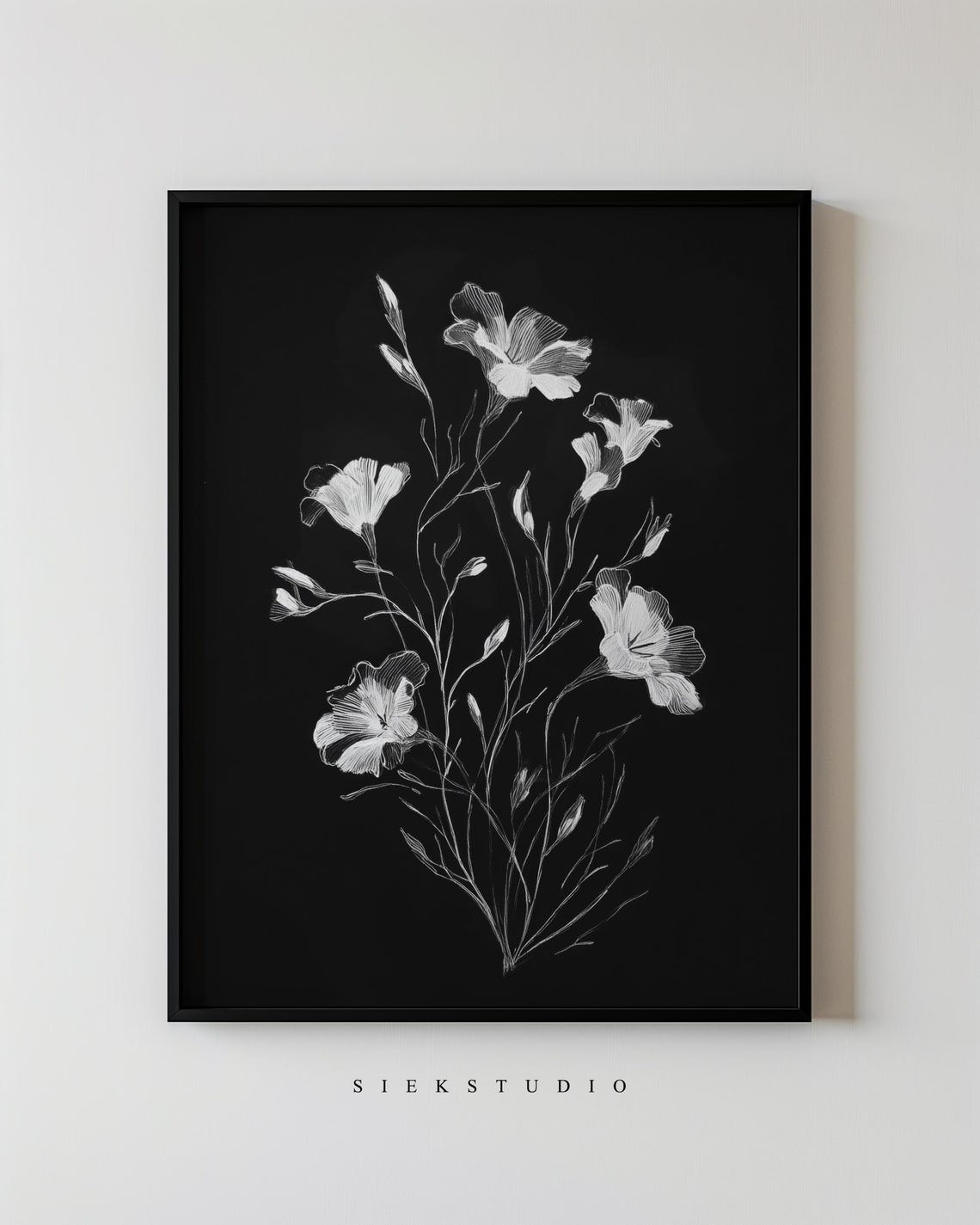 White Wildflower Line Drawing Black Botanical Minimalist Poster