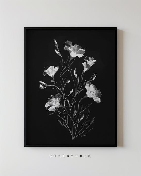Black And White Floral Flower Line Drawing Minimalist Abstract Botanical Artwork Moody Neutral Contemporary Wall Decor