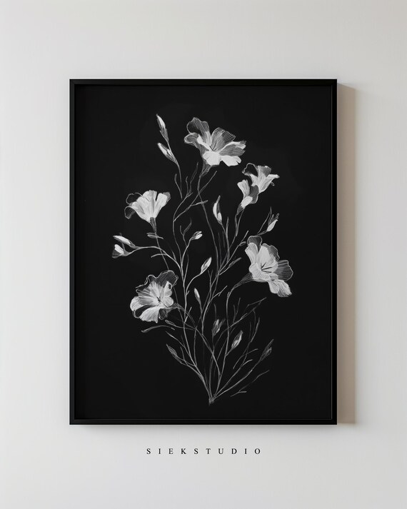 White Wildflower Line Drawing Black Botanical Minimalist Poster