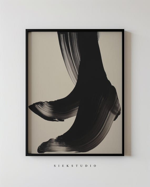 Modern Abstract Figurative Art Minimalist Bold Black Shoes Foot Brushstroke Contemporary Neutral Living Room Wall Decor 169