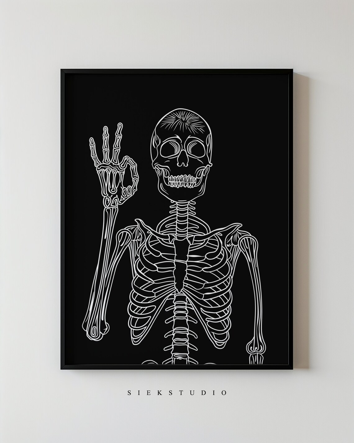 Okay Skeleton Art Spooky Halloween Skull Gothic Decor Wall Minimalistic Black And White