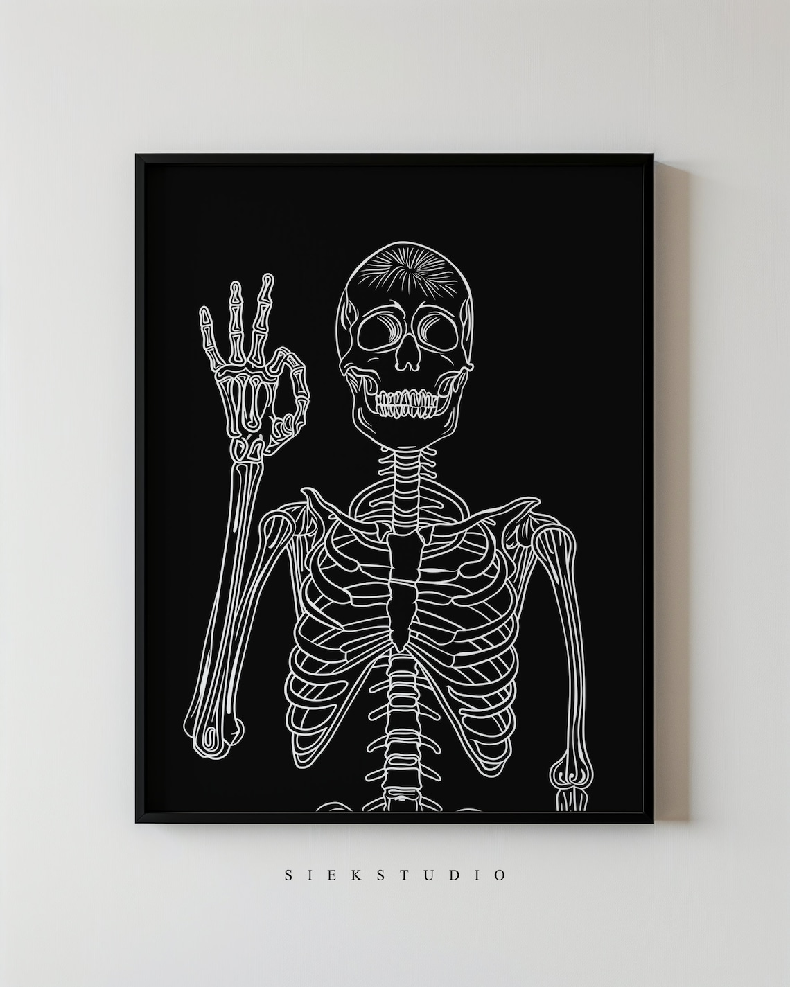 Skeleton Okay Hand Gesture White Line Art Black Gothic Halloween Poster