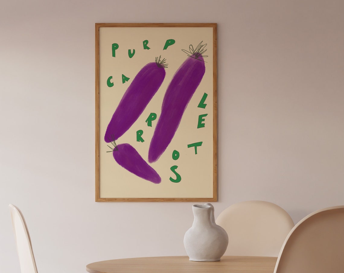 Fun Purple Carrots Retro Food Illustration Kitchen Art Poster