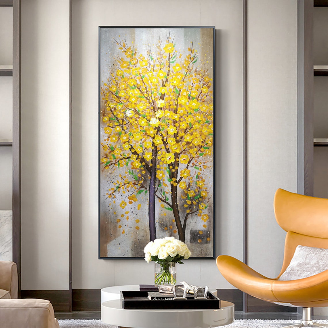 Large Art Yellow Flower Oil Painting On Living Room Wall Art Decor Texture Painting Palette Knife Painting Tree Painting Wall Decor - Image 3