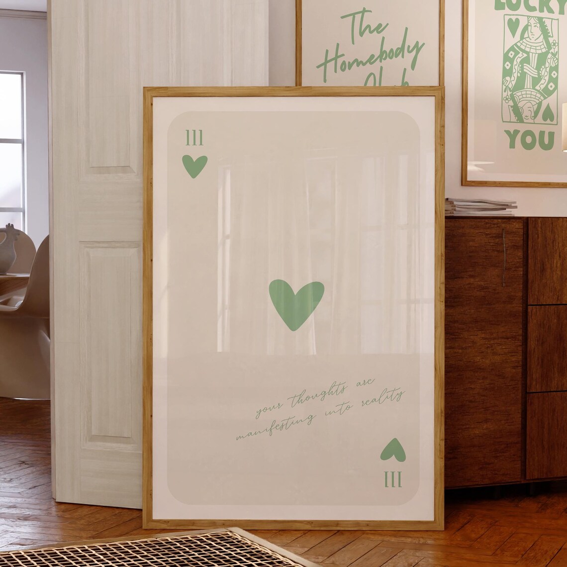 Angel Number 111 Green Heart Playing Card Manifest Wall Poster