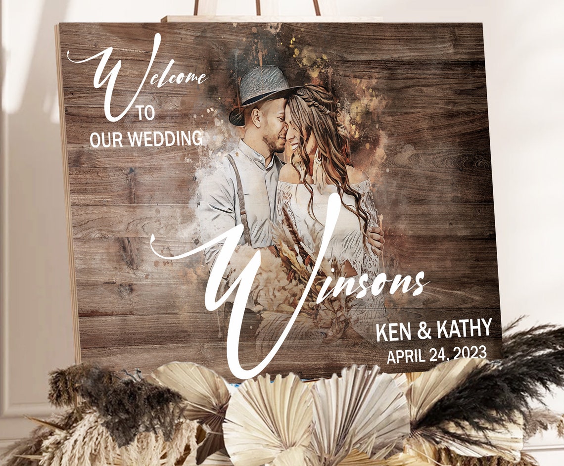Winsons Wedding Welcome Sign Couple Portrait Date Wood Poster