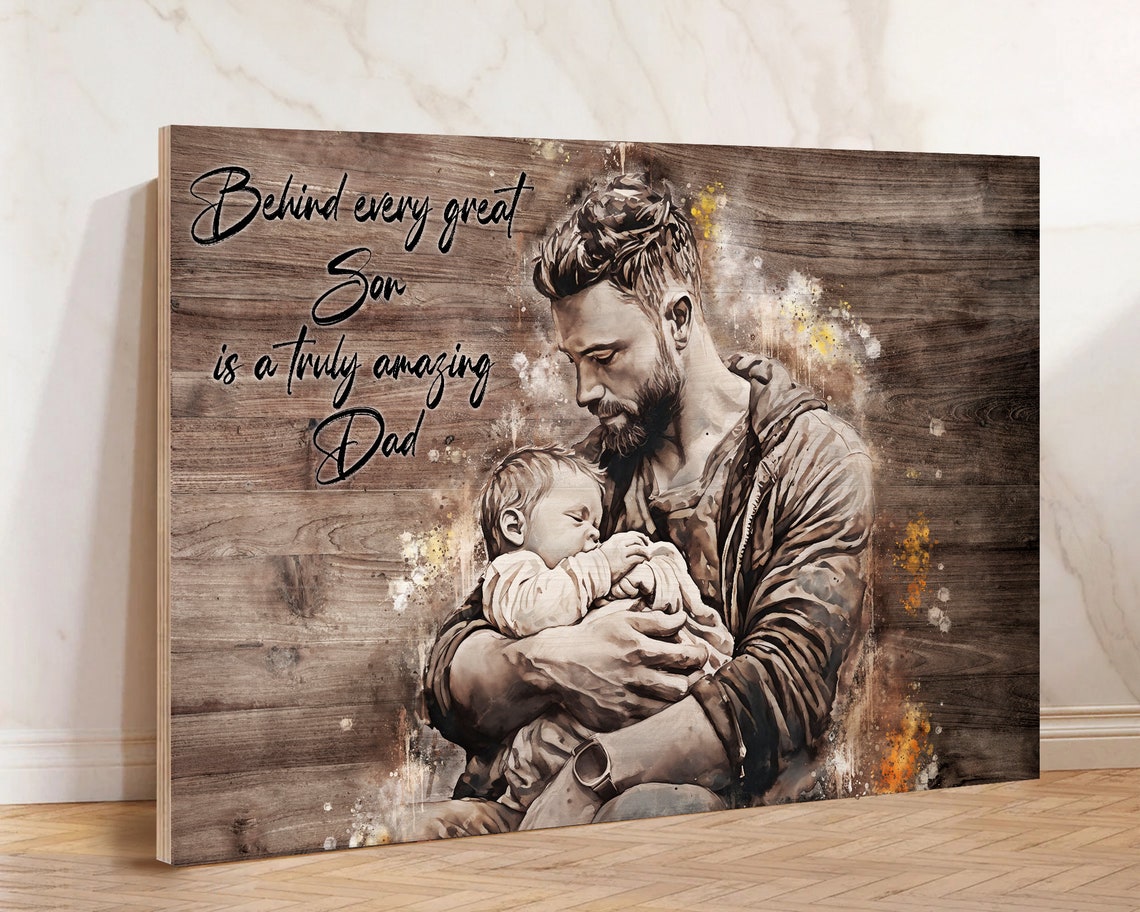 Bearded Dad and Toddler Son Wood Texture Funny Fathers Day Poster - Image 3