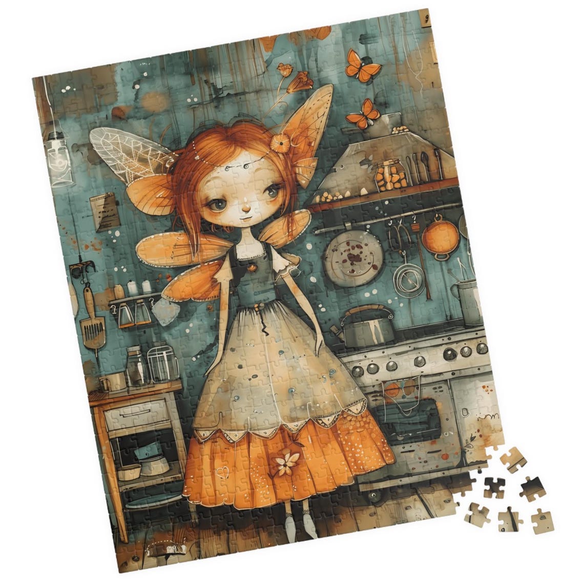 Red Haired Orange Fairy Standing in a Rustic Country Kitchen Art Print