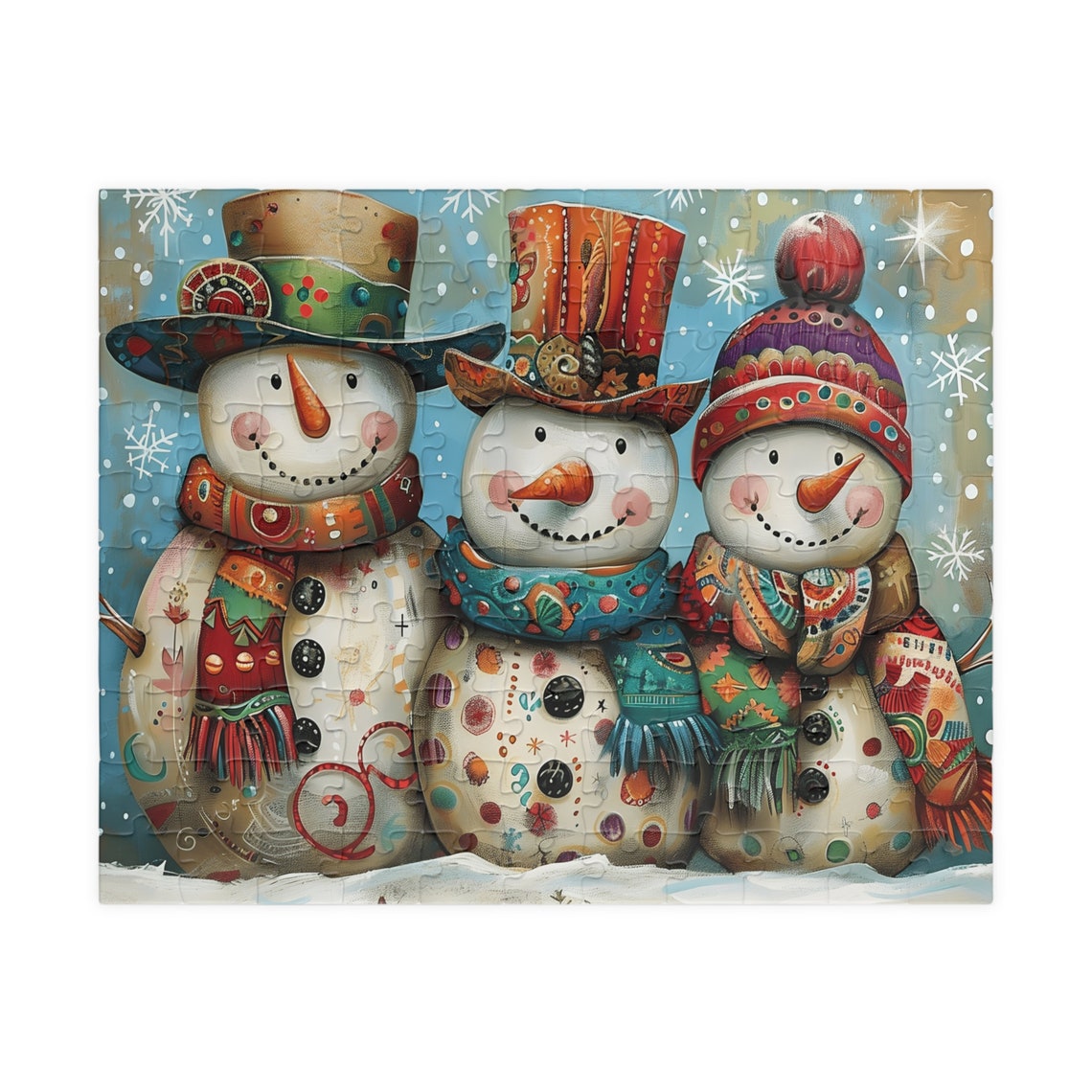 Three Whimsical Snowmen In Tall Decorated Winter Hats Art Poster - Image 5
