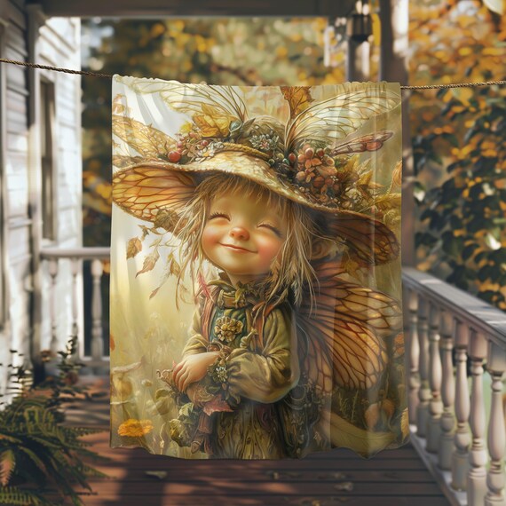 Smiling Harvest Fairy with Leaf Wings and Autumn Leaves Poster
