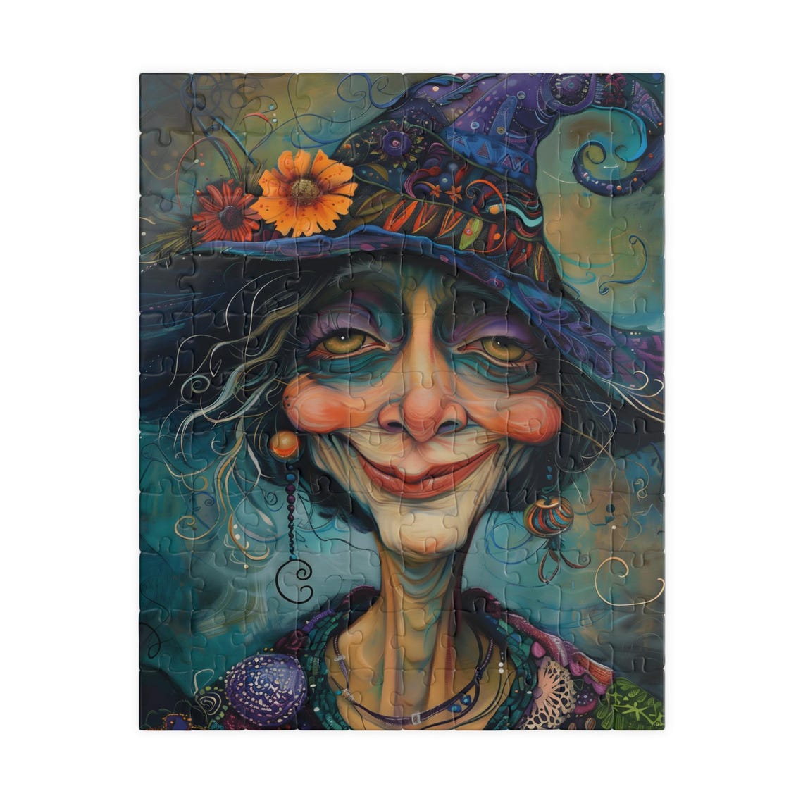 Smiling Witch Wearing a Patterned Purple Hat Portrait Poster - Image 6