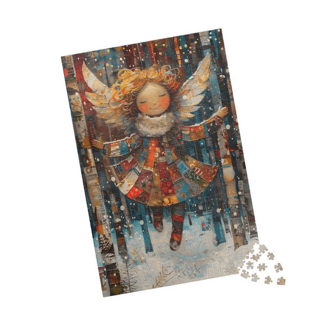 Joyful Christmas Angel Girl Patchwork Dress Snowy Night Poster - Image 5