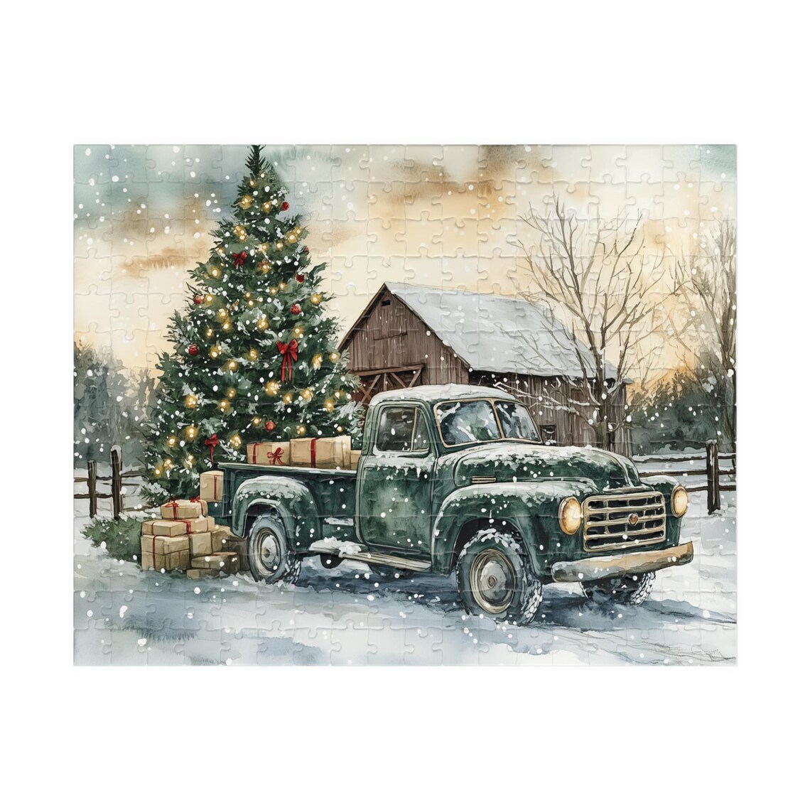 Vintage Green Truck With Christmas Tree Gifts and Red Barn Poster - Image 3