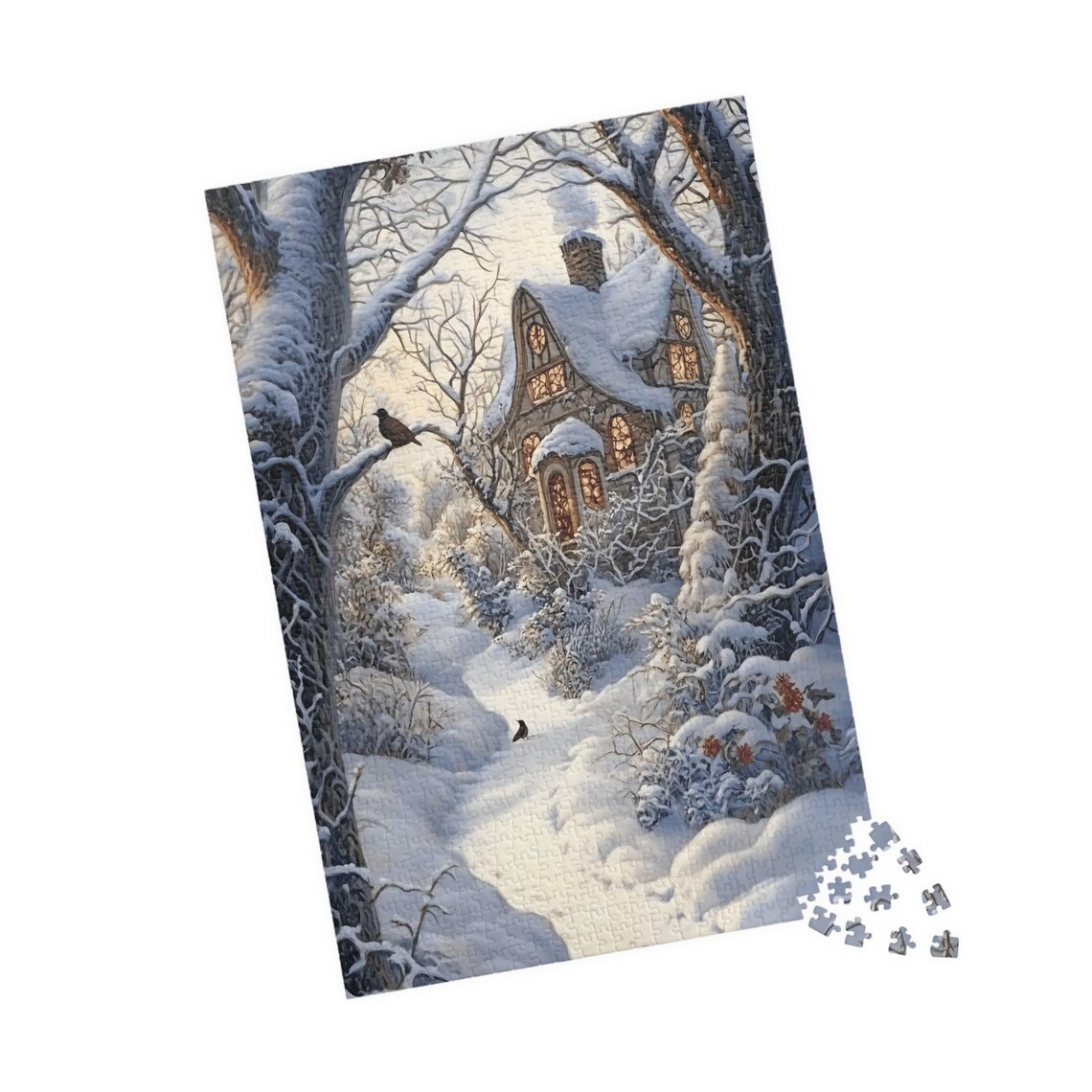 Snowy English Stone Cottage in a Winter Wonderland Forest Scene Poster - Image 4
