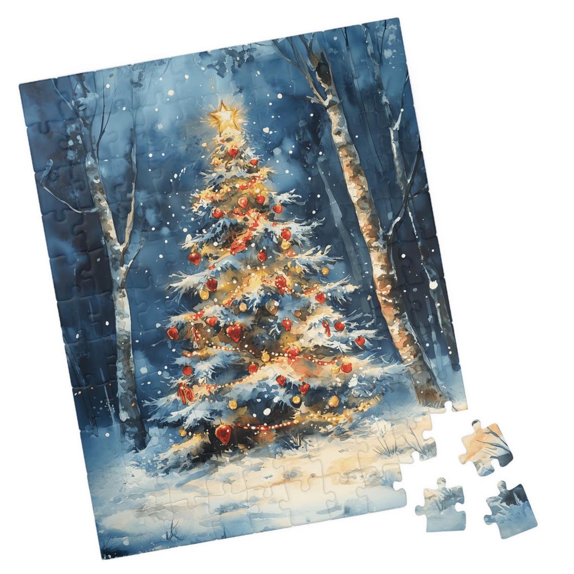 Glowing Christmas Tree In A Moonlit Birch Forest Watercolor Poster