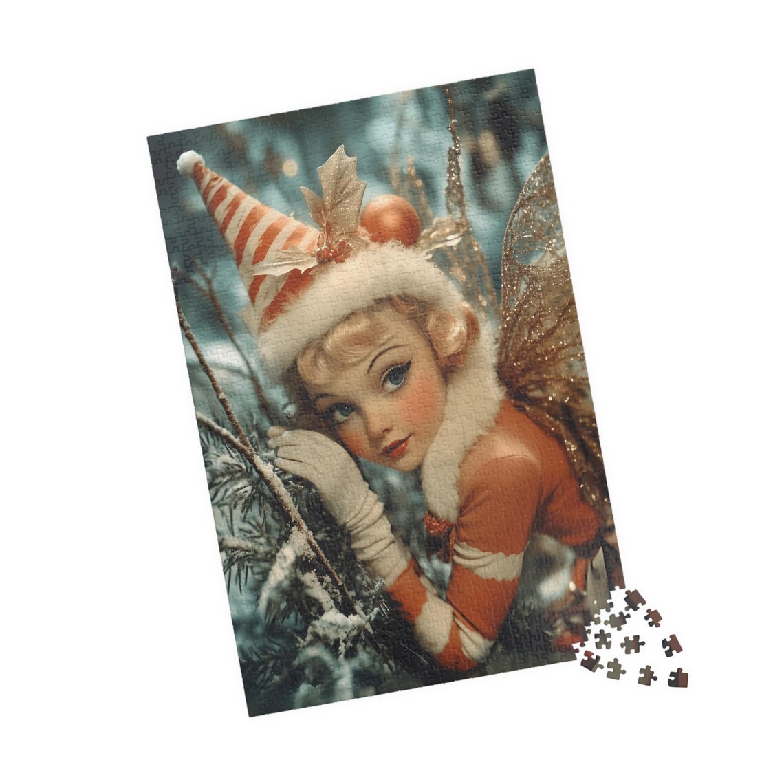 Vintage Christmas Fairy In Striped Hat Among Snowy Branches Poster - Image 4