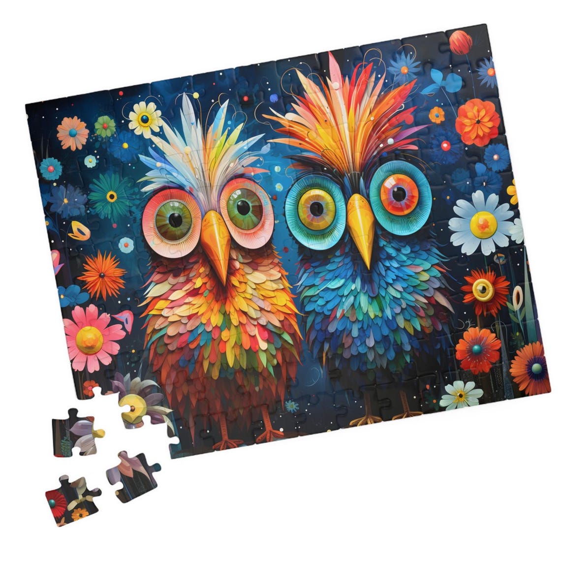 Two Whimsical Colorful Owls in a Night Flower Garden Scene Poster