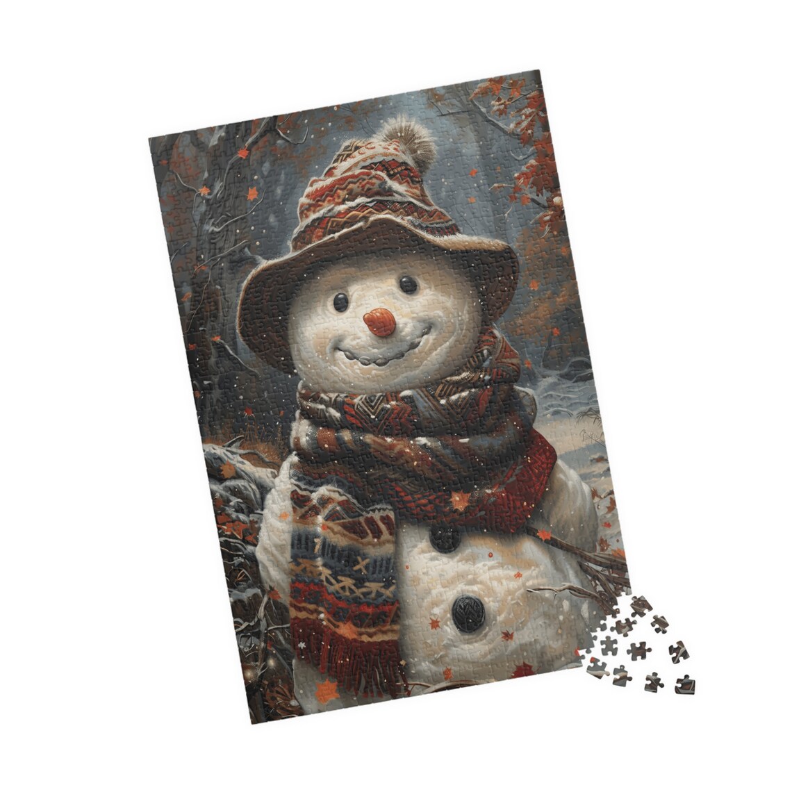 Smiling Snowman In Knit Hat And Scarf Autumn Leaves Art Poster - Image 4