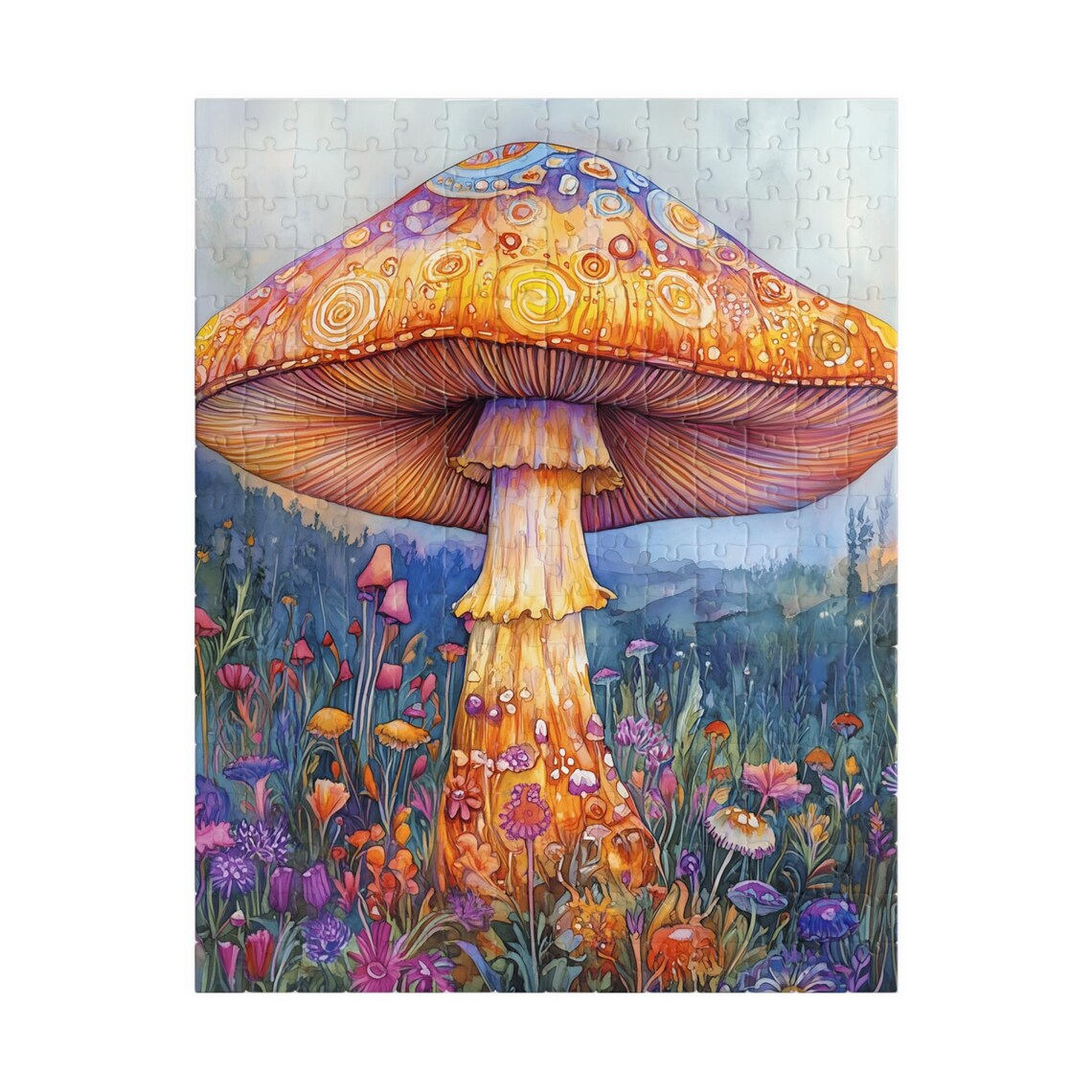 Giant Ornate Orange Mushroom With Swirl Patterns In Flower Meadow Poster - Image 5