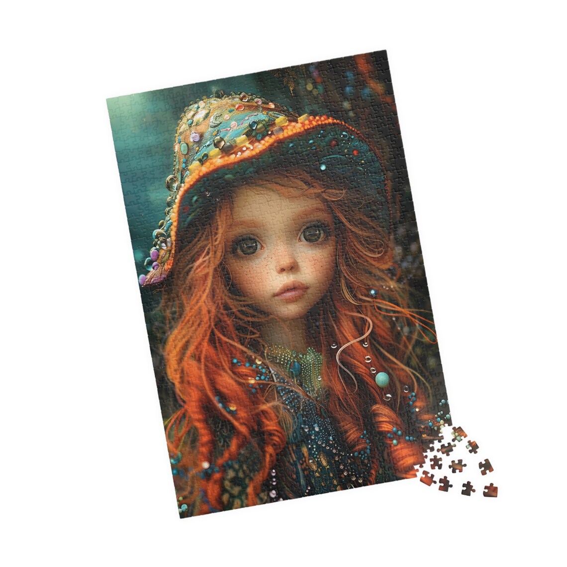 Red Haired Doll Girl Bejeweled Hat Fantasy Jigsaw Puzzle Print - Image 4