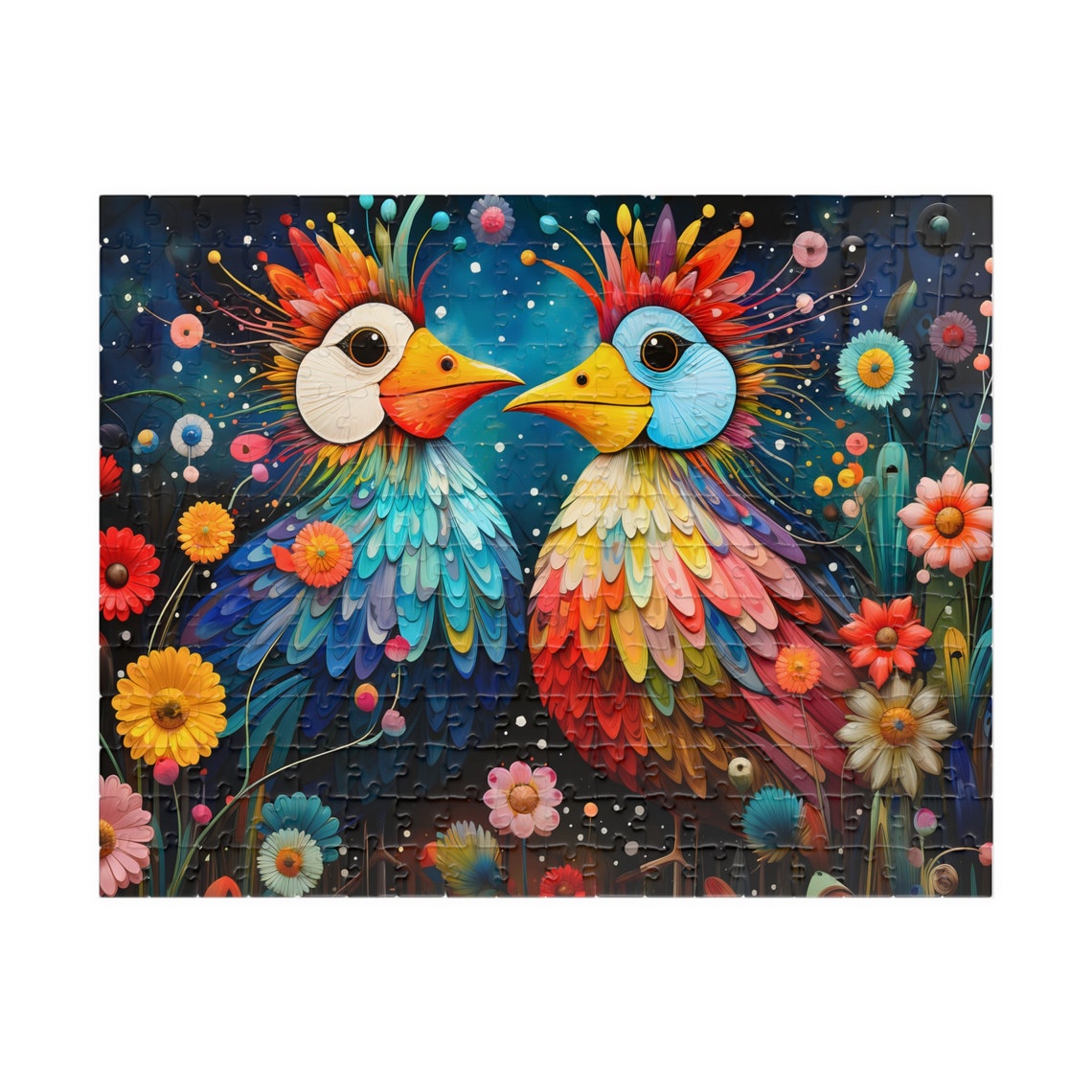 Two Whimsical Birds in a Night Bloom Flower Garden Scene Poster - Image 3