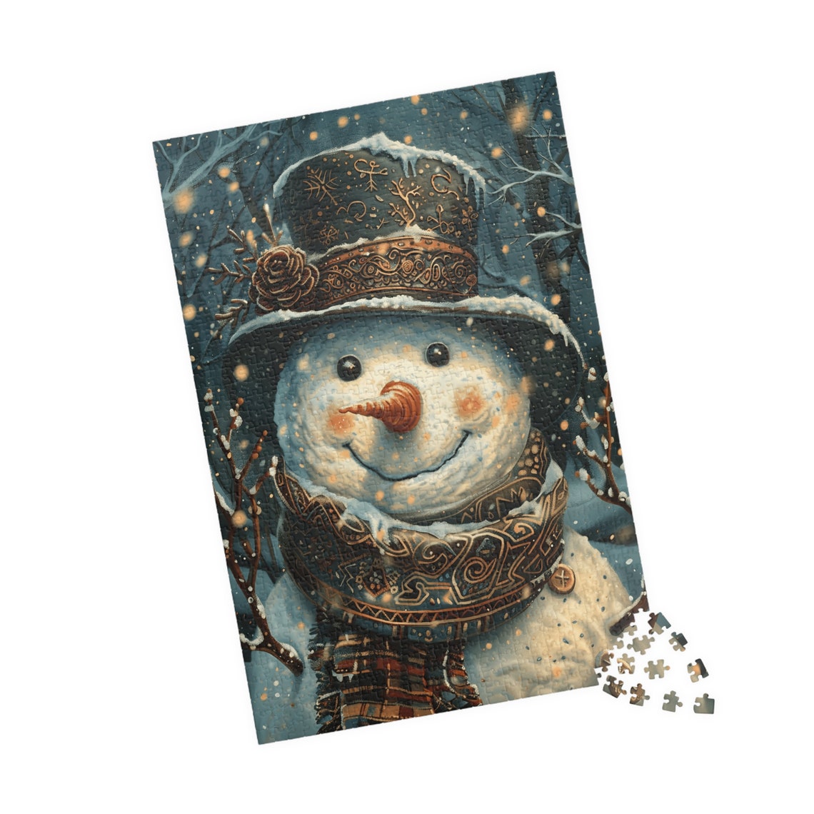 Frosted Snowman Portrait in Decorated Top Hat Snowy Night Poster - Image 4