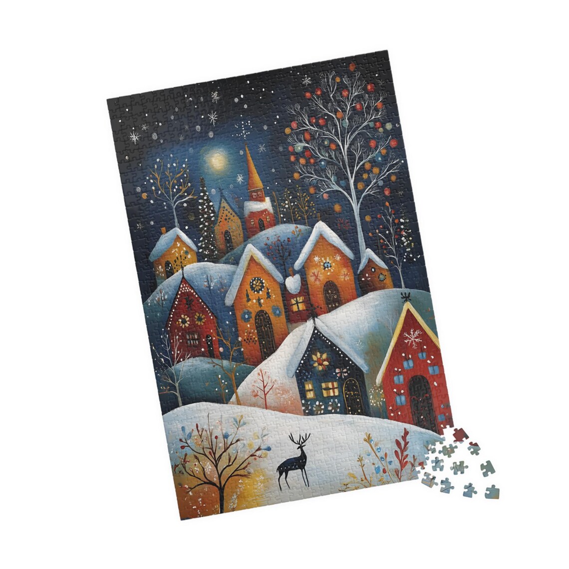 Moonlit Snowy Village Church Deer Folk Art Winter Night Poster - Image 4