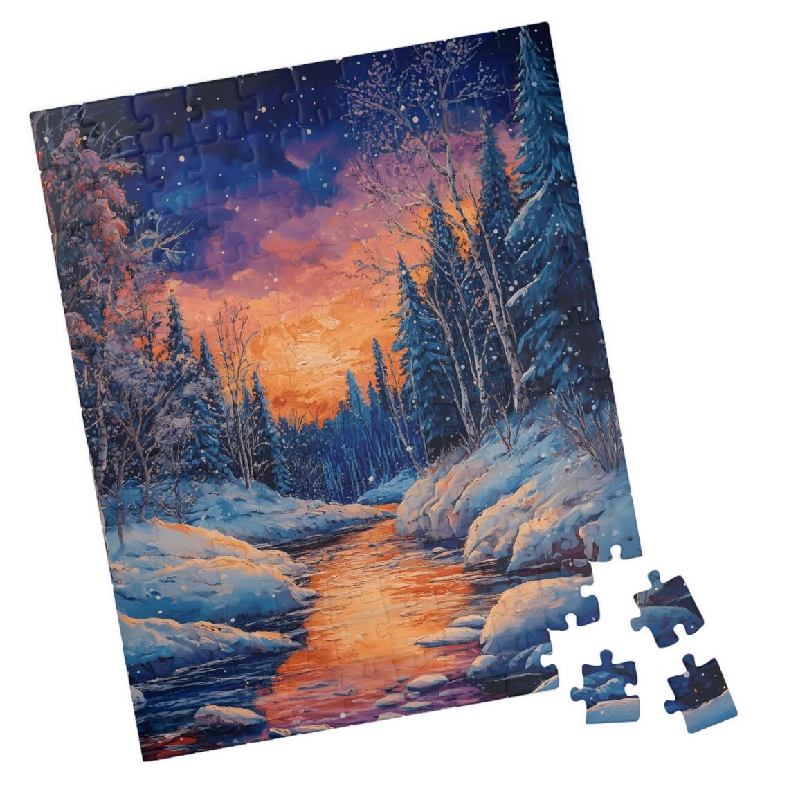 Winter Forest Sunrise River Snow Pines Golden Light Landscape Poster