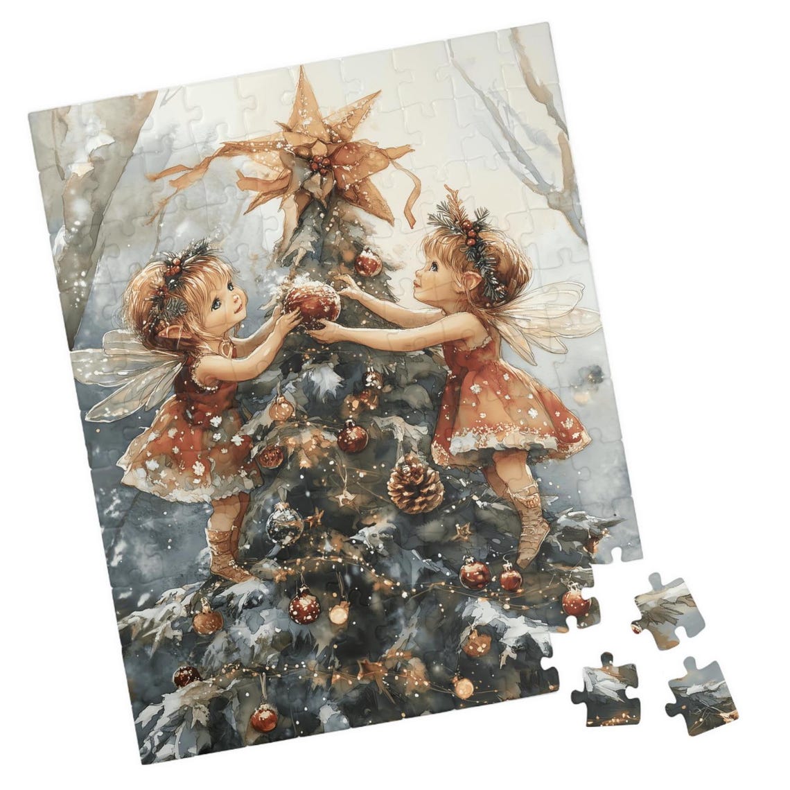Two Fairies Decorating Christmas Tree Snowy Forest Watercolor Poster