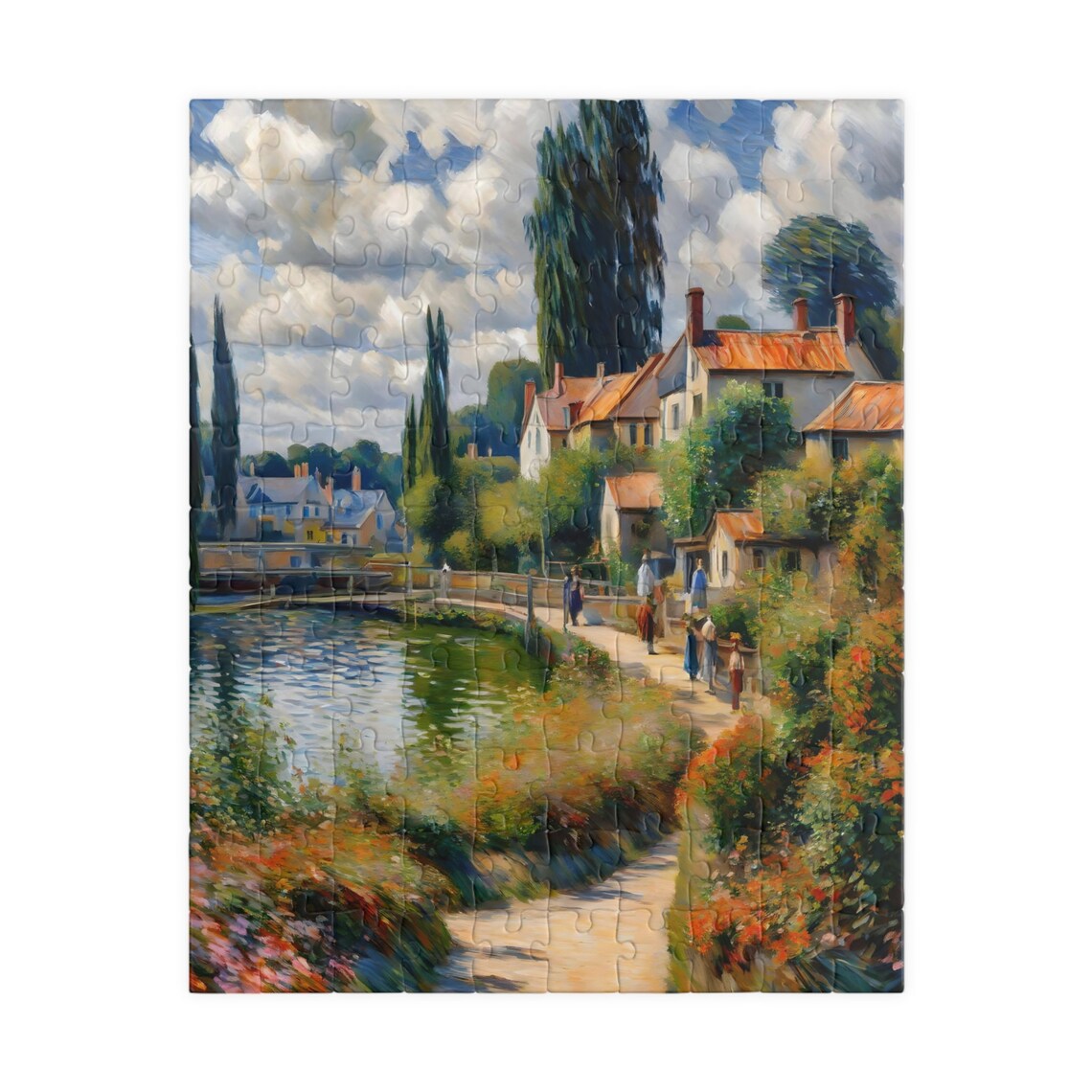 Impressionist Lakeside Village Red Roof Cottages Riverside Path Poster - Image 2