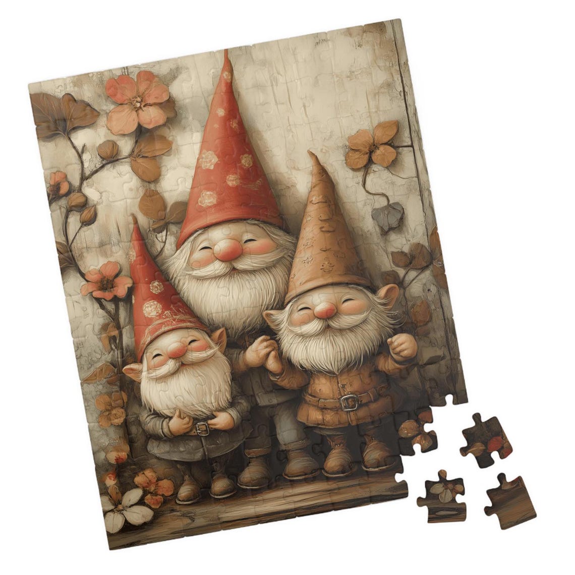 Three Smiling Gnomes Autumn Leaves Rustic Vintage Style Poster