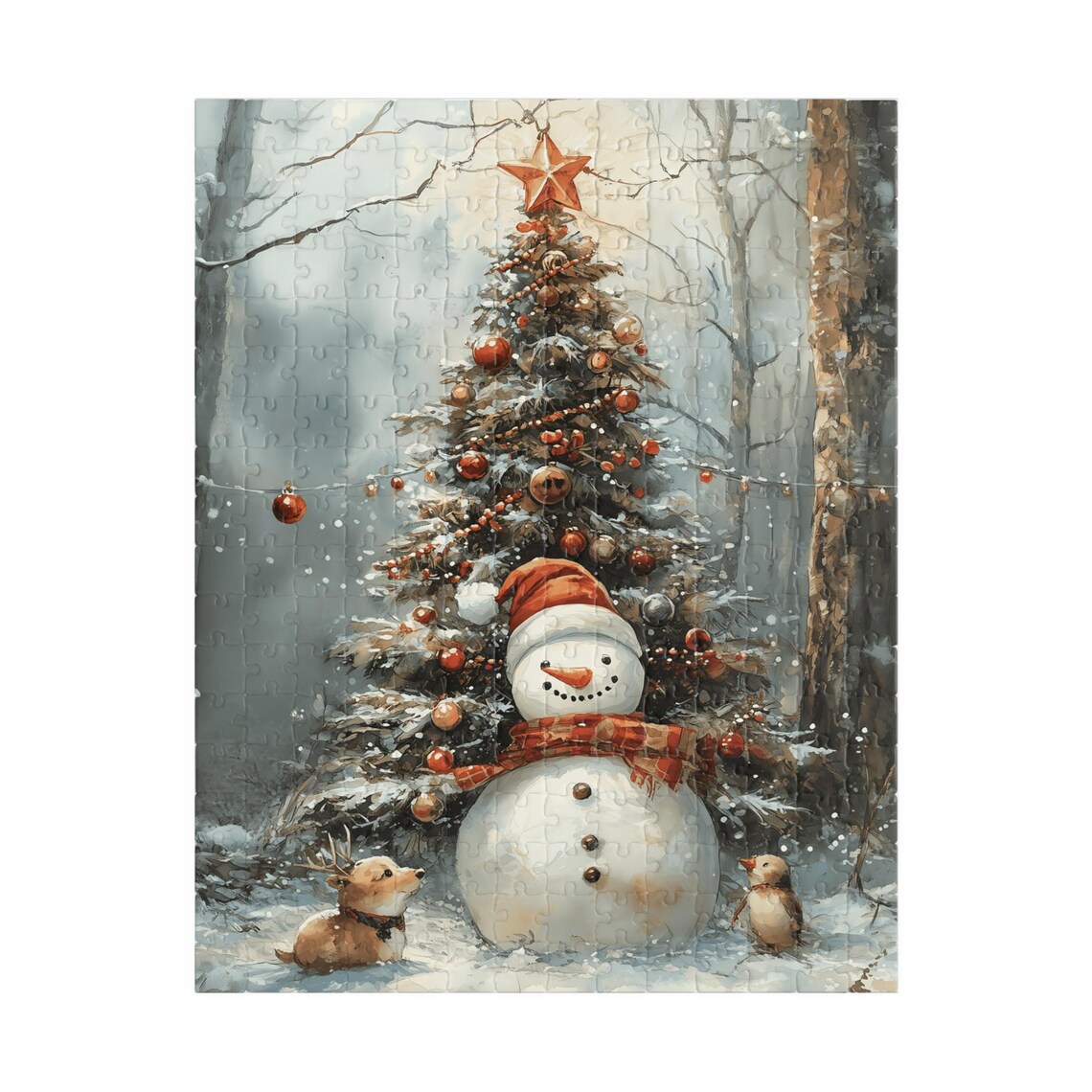 Snowman With A Fawn And Bird By A Christmas Tree Watercolor Print - Image 5