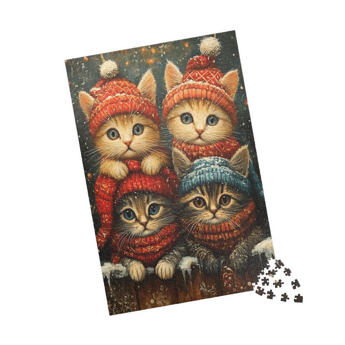 Four Kittens in Knit Hats and Scarves on Snowy Fence Cute Cat Poster - Image 4