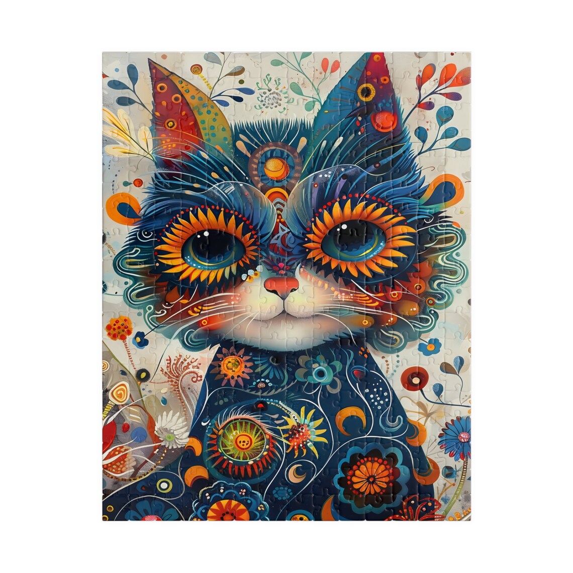 Colorful Folk Art Cat Portrait with Sunflower Eyes Art Poster - Image 2