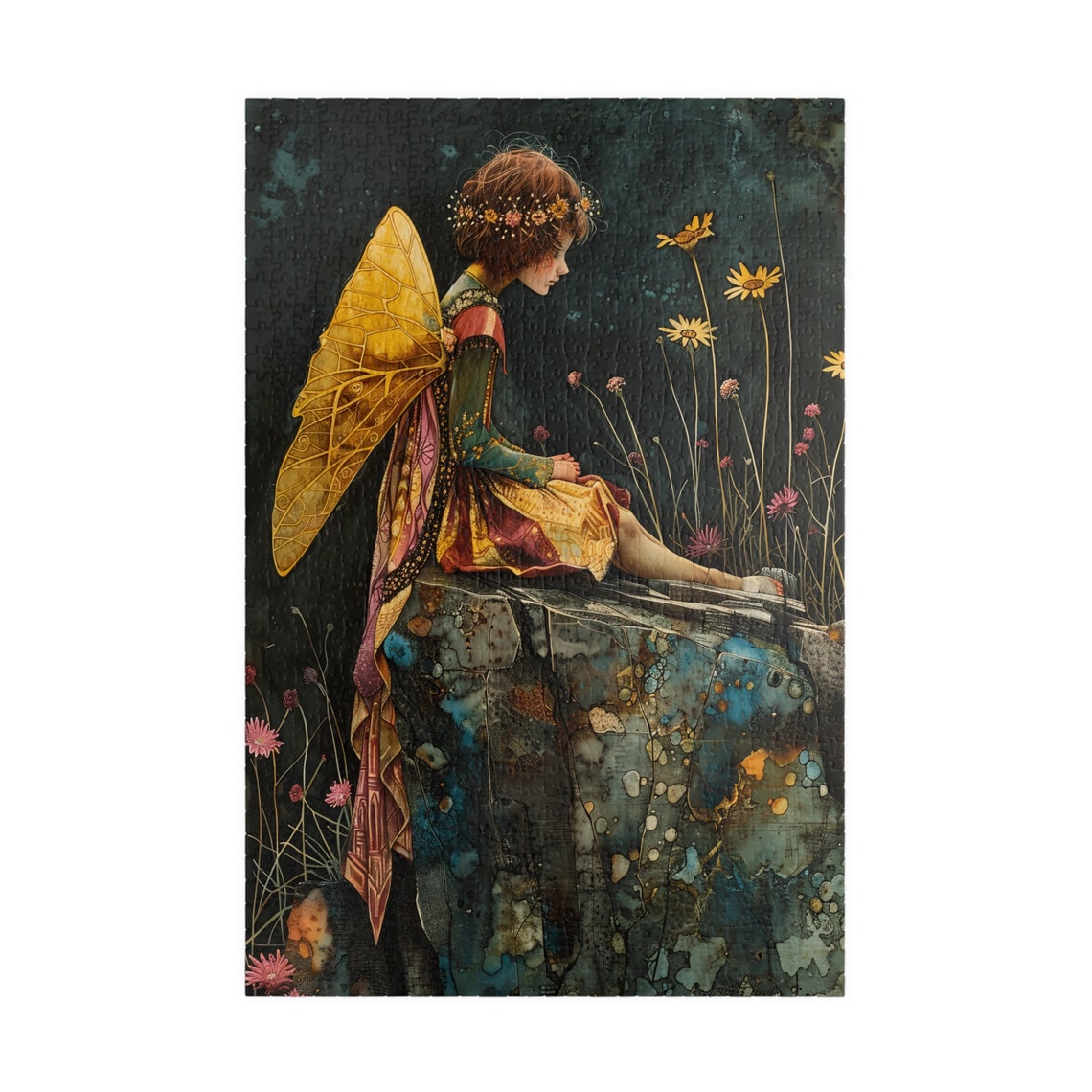 Golden Winged Fairy Sitting on Stone Ledge Dark Floral Art Poster - Image 3
