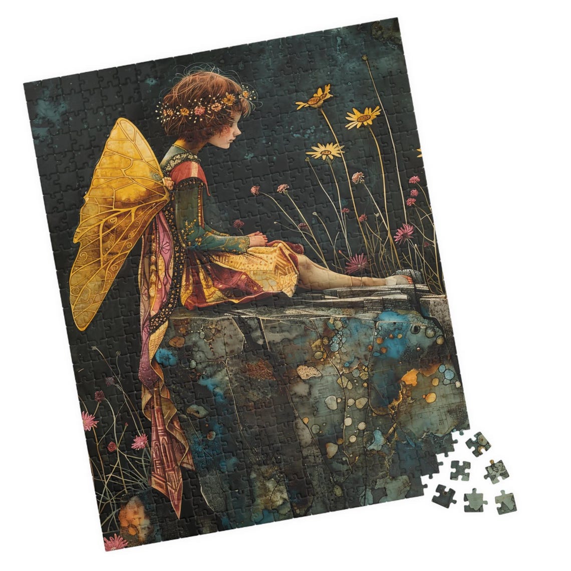 Golden Winged Fairy Sitting on Stone Ledge Dark Floral Art Poster