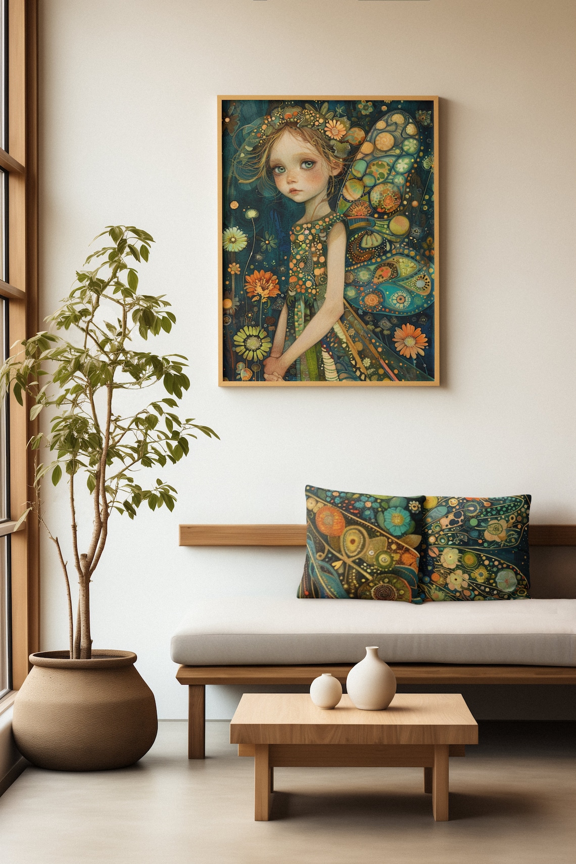 Little Fairy Girl with Butterfly Wings Among Daisies Watercolor Poster - Image 2