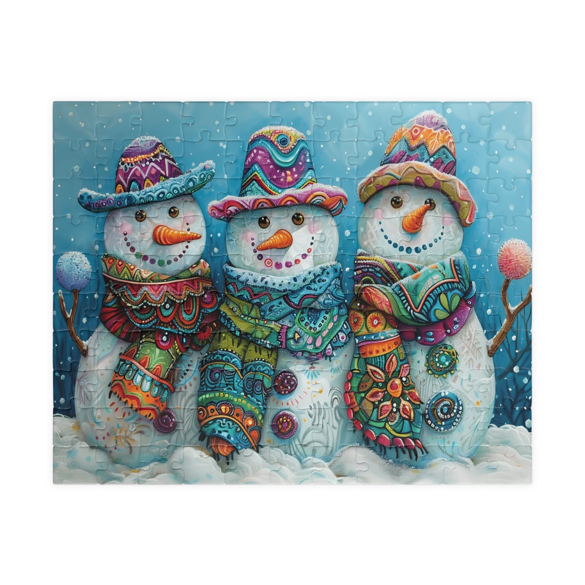 Three Colorful Snowmen Wearing Patterned Party Hats in the Snow Poster - Image 6