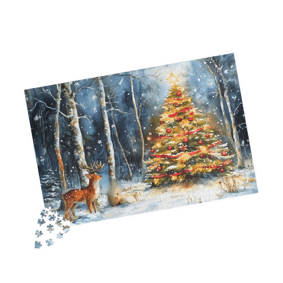 Deer Beside A Glowing Christmas Tree In A Snowy Birch Forest Print - Image 4