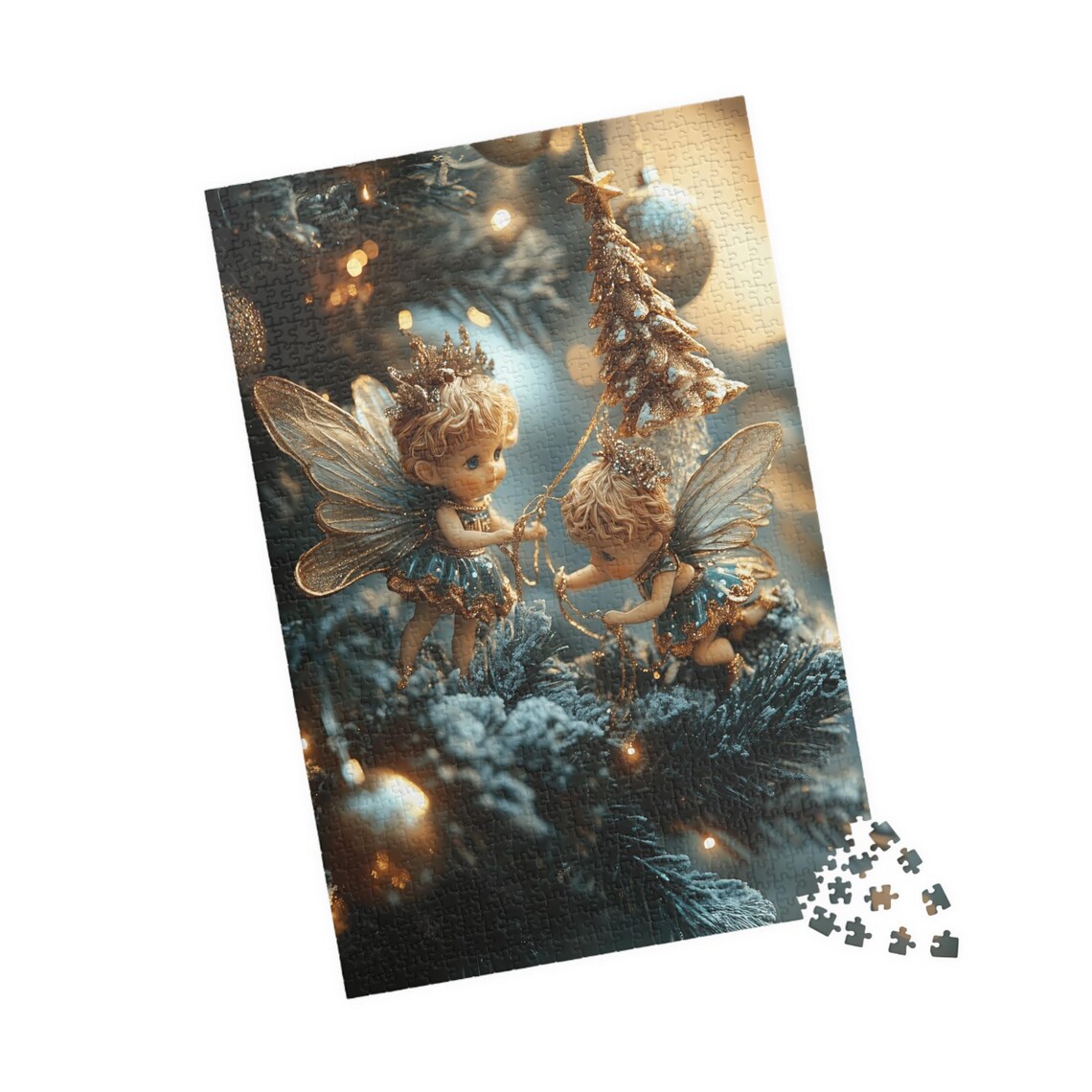 Two Golden Fairies Decorating A Christmas Tree Fantasy Art Print - Image 4