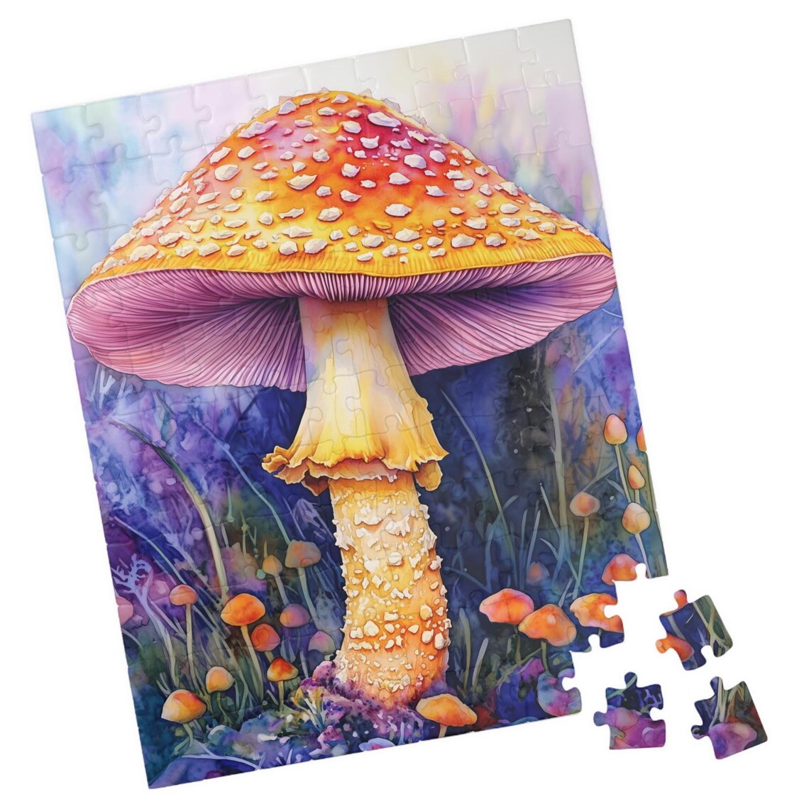 Pink and Orange Mushroom with White Spots Watercolor Forest Poster