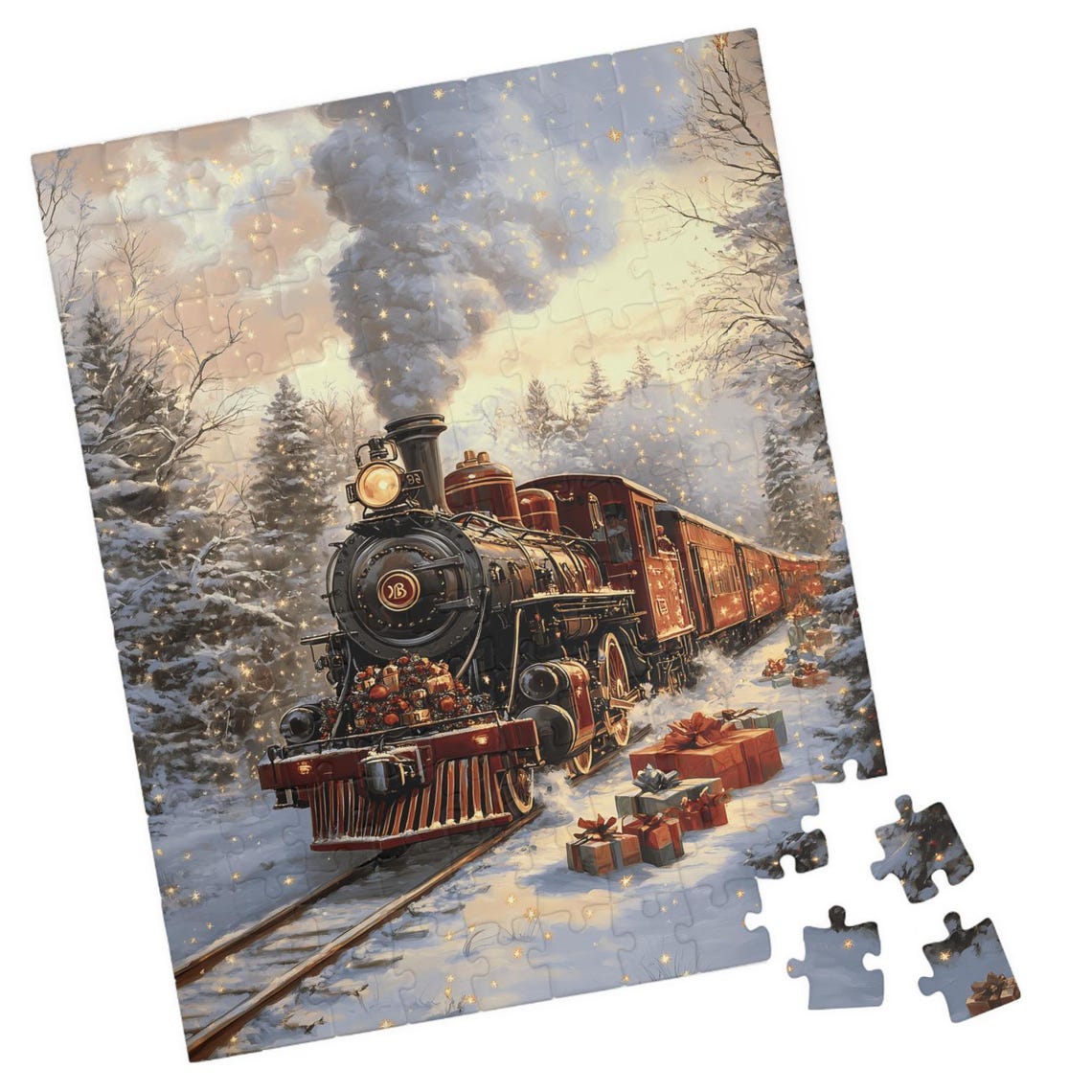 Magical Red Christmas Train Loaded With Gifts In Snow Poster